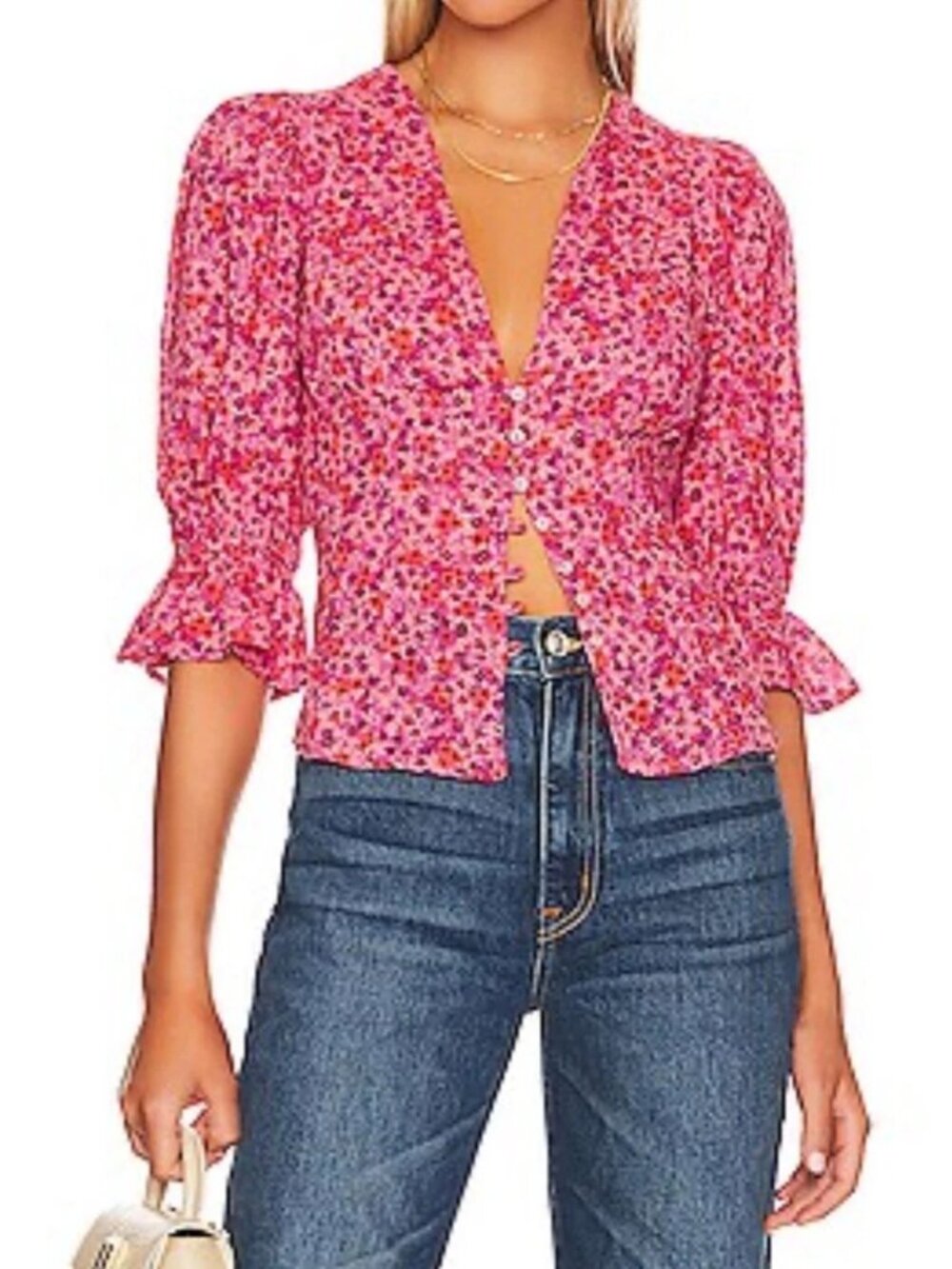 Free People 'I Found You' Floral Pink Party Combo Button Top Size Large Floral